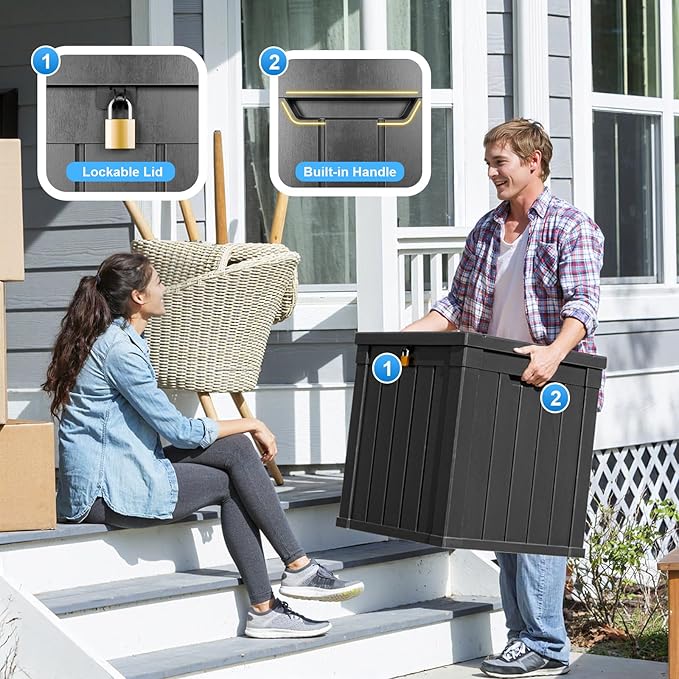 DRATO 50 Gallon Deck Box, Outdoor Storage Box for Patio Cushion, Garden Tools,Waterproof Patio Storage box, Lockable (Black，50 Gallon)