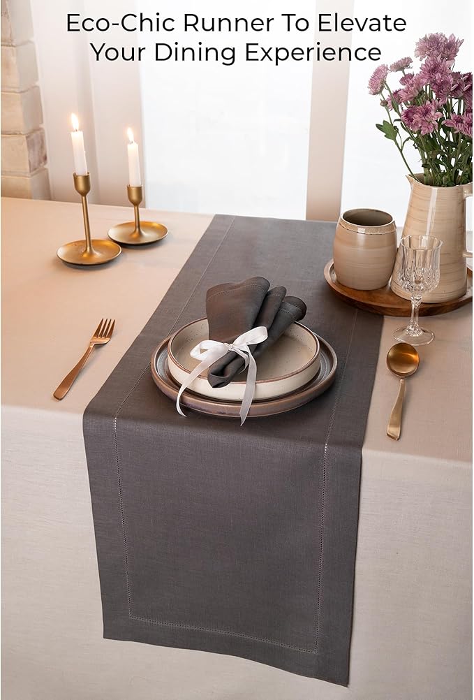 D'Moksha Homes Linen Charcoal Grey Table Runner 60 Inches - Classic Hemstitch, 100% Pure Linen Coffee Table Runner 14 x 60 Inch Ideal for Dresser Tables - Spring, Easter