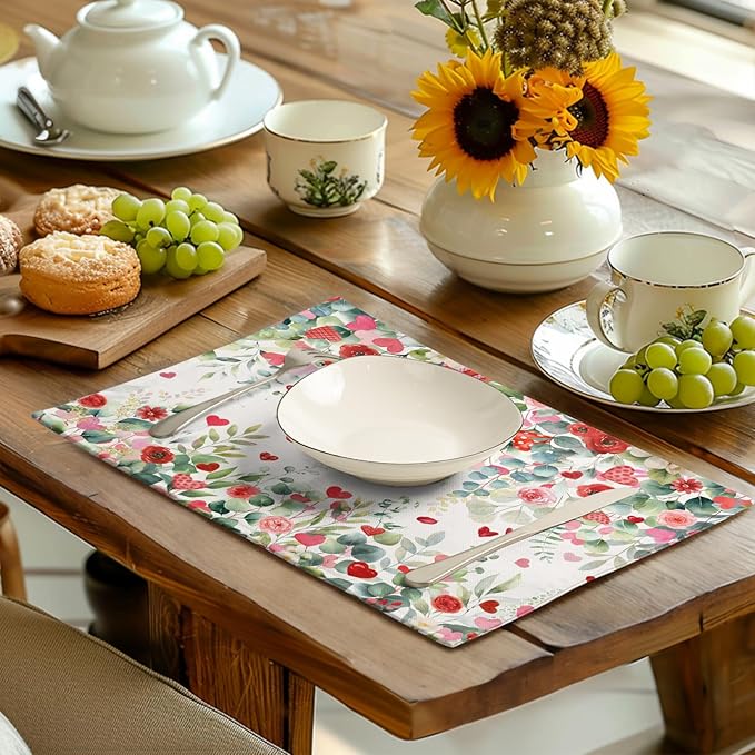Valentines Eucalyptus Leave Placemats Set of 4, 12x18 Inch Valentine Heart Rose Floral Table Mats Spring Summer Washable Heat Resistance Place Mats for Kitchen Dining Indoor Decor