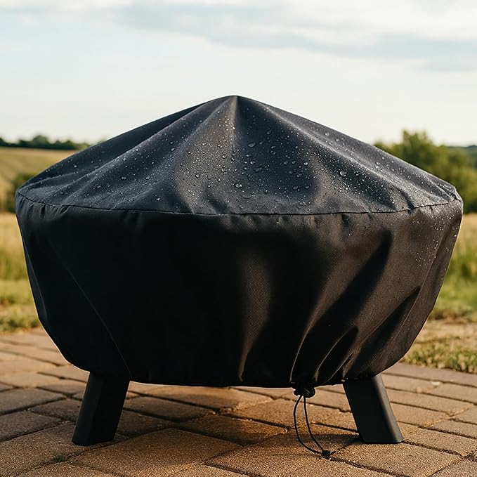 Sunnydaze Round Outdoor Fire Pit Cover - Heavy-Duty 300D Polyester and PVC with Drawstring Closure - Black - 36-Inch