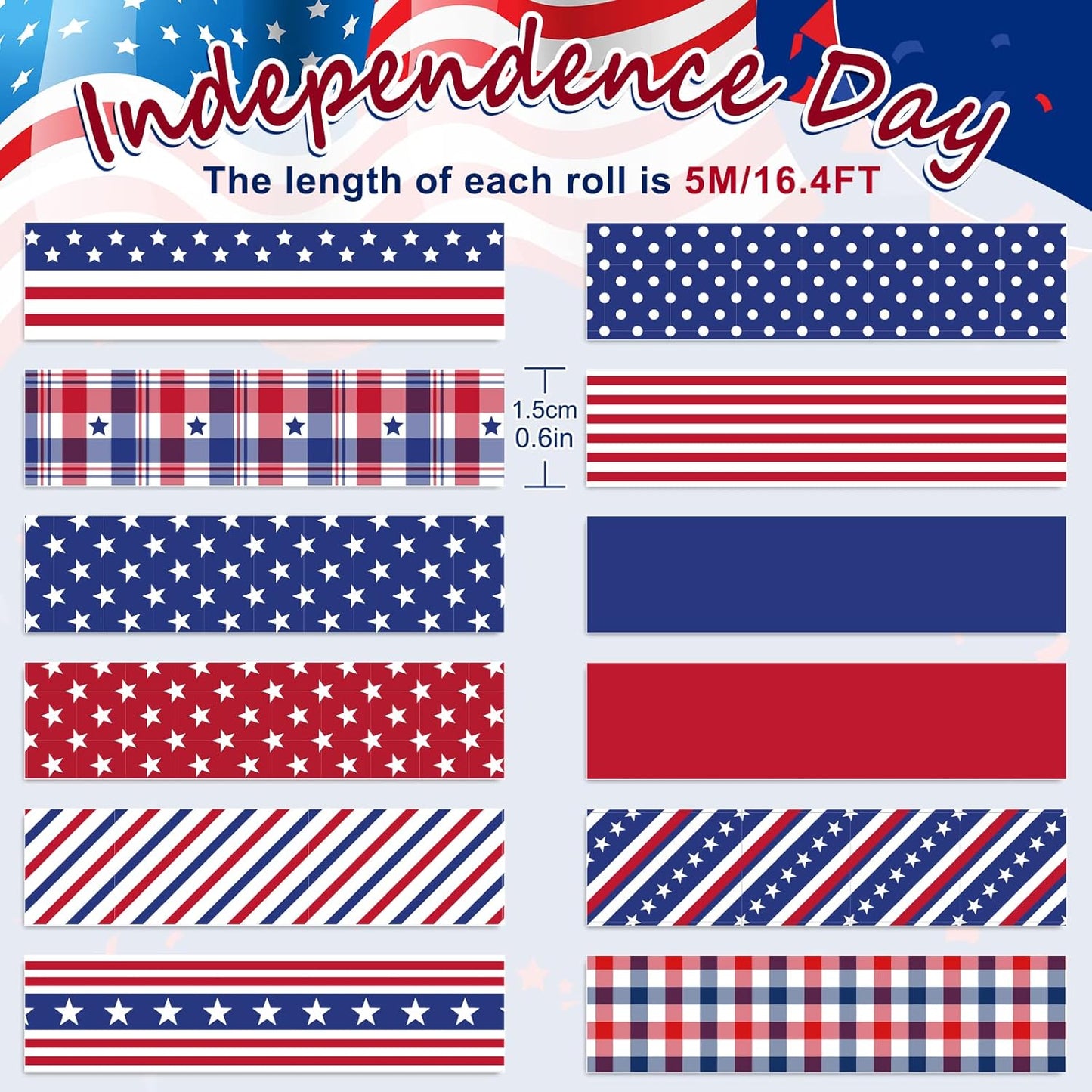 Whaline 12 Rolls 4th of July Washi Tape Patriotic Stars Stripes Washi Masking Tape Red Blue White Plaids Decorative Paper Stickers for Independence Day Scrapbook Gift Wrapping DIY Art Crafts