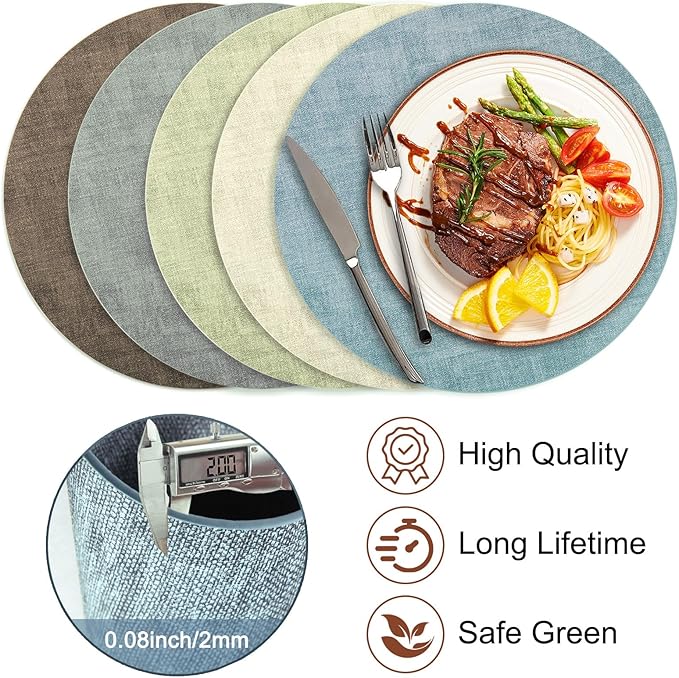 Round Faux Leather Placemats and Coasters, Set of 4, Reversible Heat Resistant Non-Slip Table Mats, Waterproof Wipeable Place Mats for Dining Table, Washable for Indoor & Outdoor (4, Blue)