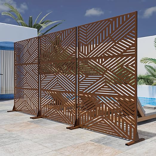 Casaphoria 72" H x 47" W Metal Outdoor Privacy Screen, Freestanding Decorative Divider for Patio, Deck, Balcony, and Garden with Stable Base, Brown-Ivan
