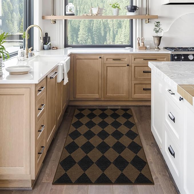 Easy Jute Checkered Entryway Rug, 2.6x4 Coffee Modern Indoor Outdoor Doormat Non-Slip Washable Kitchen Rug, Neutral Farmhouse Diamond Throw Rugs for Entrance Bedroom Porch Patio