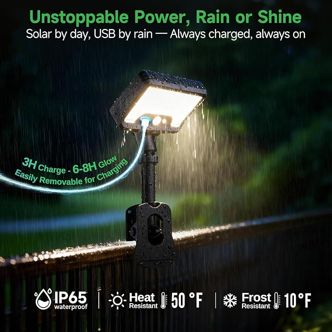 Solar Motion Light Outdoor, 3CCT Clip On Fixture, 600LM 1500mAH Type-C USB & Solar Powered, IP65 Waterproof with Remote for Porch, Tree, Wall, Black [4-Pack]