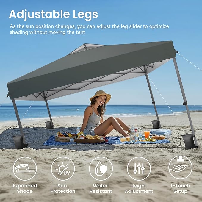 PHI VILLA 10x10ft 1-Person Setup Pop Up Canopy Tent Instant Portable Shelter w/ 1-Button Push, Case, 4 Weight Bags - Gray