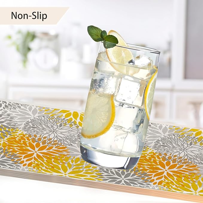 Abstract Yellow Gray Dahlia Flower Placemats Set of 6,Elegant Vinyl Place Mats Heat Resistant Washable Non-Slip Table Mats for Party Kitchen Dining Decor 12x18 Inch