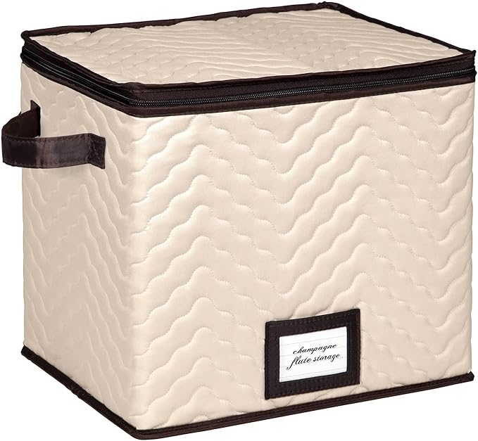 Wine Glass Storage Box with Dividers - Stemware Storage Case, Durable Quilted Microfiber Bin with Carry Handles, Protects Fine China - (1 Pack, Champagne Flute)