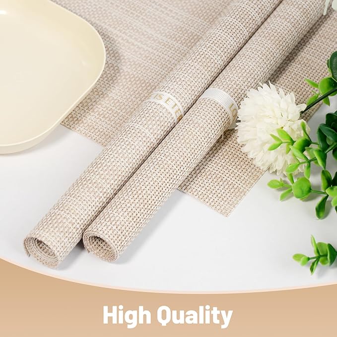 Placemats Set of 8，Non-Slip PVC Weave Table Mats Easy to Clean，Heat Resistant Place Mats for Kitchen Dining Table Decoration Indoor Outdoor，Beige White