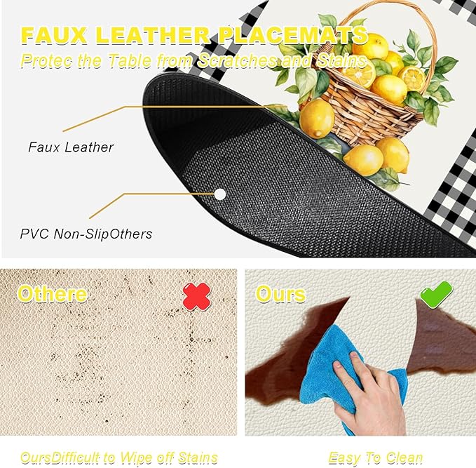 Placemats Set of 4 - Faux Leather Heat Resistant Placemats for Dinner Table, Non-Slip Waterproof Oil-Proof Washable Reusable Placemat for Indoor Outdoor Kitchen Decor, 15.75In*11.81In