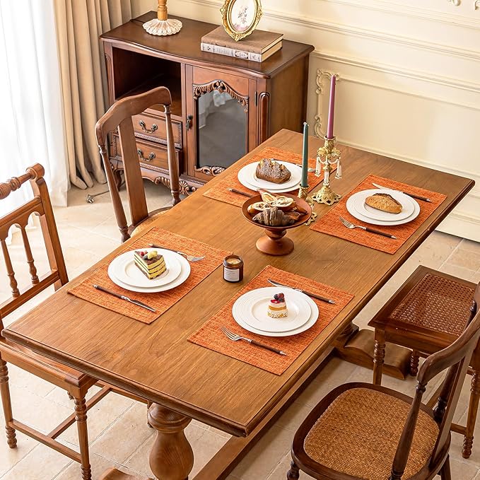 KXN Placemats Set of 4, Dual-Layer Thickened Faux Linen Table Mats, Heat Resistant & Wrinkle-Free, Machine Washable Cloth Place Mats for Kitchen Dining Indoor Outdoor (Orange)