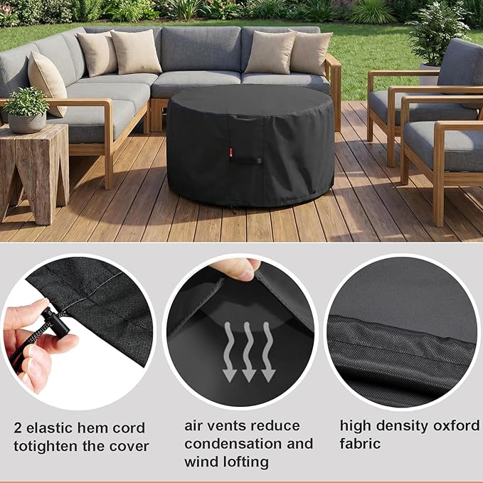 SheeChung Round Gas Fire Pit/Table Cover-Fit 34-38 inch Outdoor Firepit Bowl,600D Heavy Duty Patio Cover,100% Weather Resistant&Waterproof for Backyard,Porch,Deck,Camping,Grill,38”Dia X 22”H