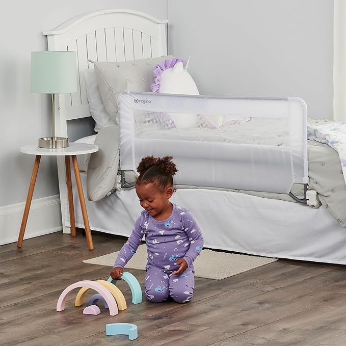 Regalo Safety Swing Down Bed Rail Guard for Toddlers, Bed Safety Rail with Patented Gap Guard, Fits Twin, Full & Queen Mattress, White, Tested & Safe for 30 Years, American Designed, Family Owned