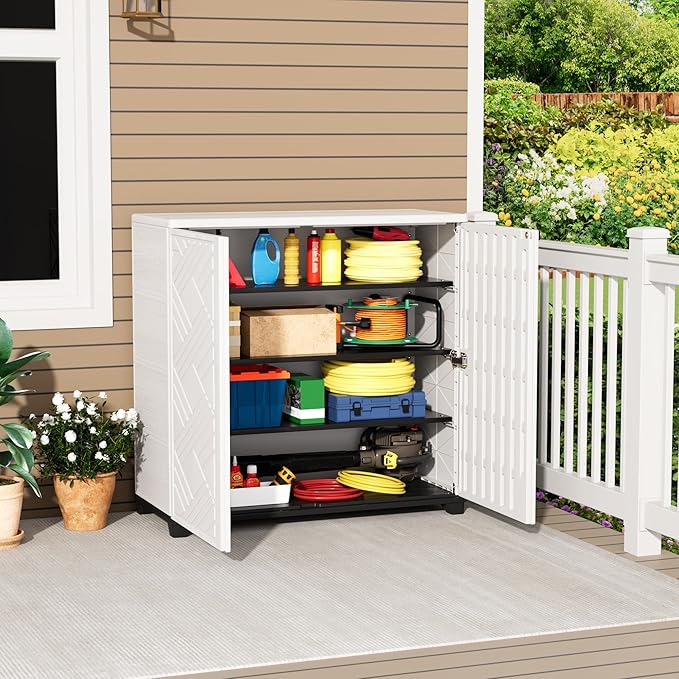 Outdoor/Indoor Storage Box,Resin and Plastic Storage Cabinet Waterproof,Outdoor Cabinet for Patio/Garden/Balcony/Backyard/All Room(with 3 Shelves)-White