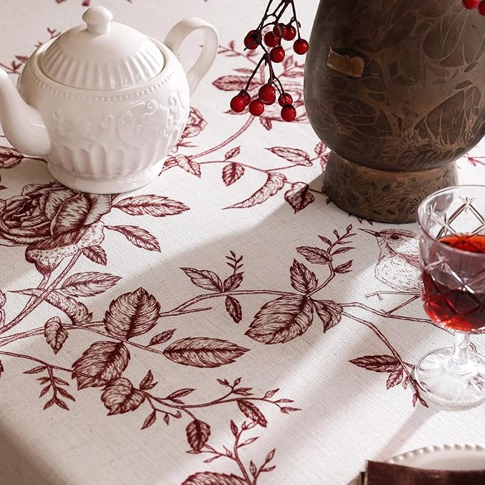 ISAENNE Designer Vintage Linen Long Tablecloth Rectangle,Red Floral Pattern Linen Stain Resistant Table Cloth,Decor Tablecloths for Dining Thanksgiving Kitchen Tea Party,63"*94"-Harmony
