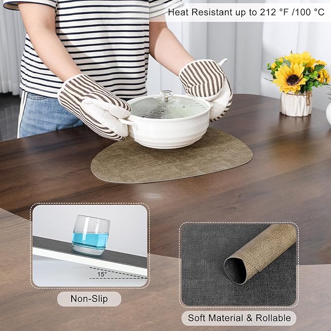 Placemats and Coasters, Washable Reversible Placemats Round Faux Leather Wipeable Place Mats Non Slip Heat Resistant Indoor Outdoor Table Mats (Set of 4, Gray Beige)