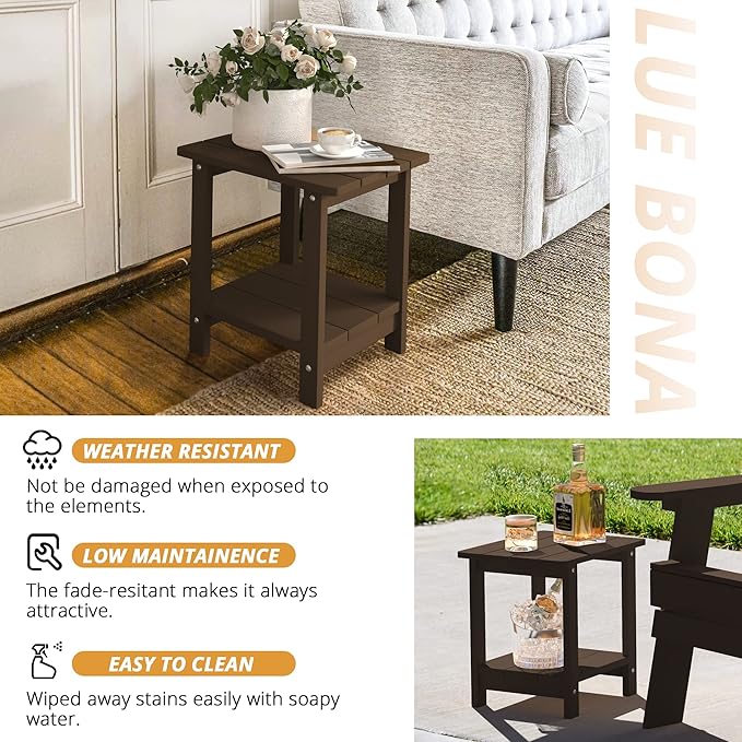 LUE BONA Adirondack Outdoor Side Table, 2-Tier Dark Brown HDPS Patio End Table Weather Resistant,Outdoor Morden Side Table for Patio, Pool, Porch