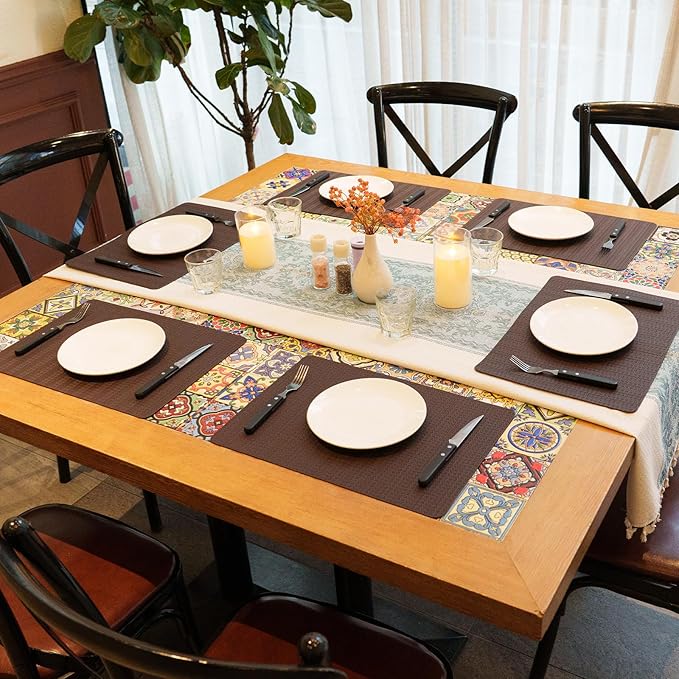 Faux Leather Placemats Set of 6 – 17x12 Inch Vinyl Table Mats, Heat Resistant, Non Slip, Wipeable & Washable, Easy to Clean Dining Table Decor for Kitchen & Dining Room （Dark Brownish Black）