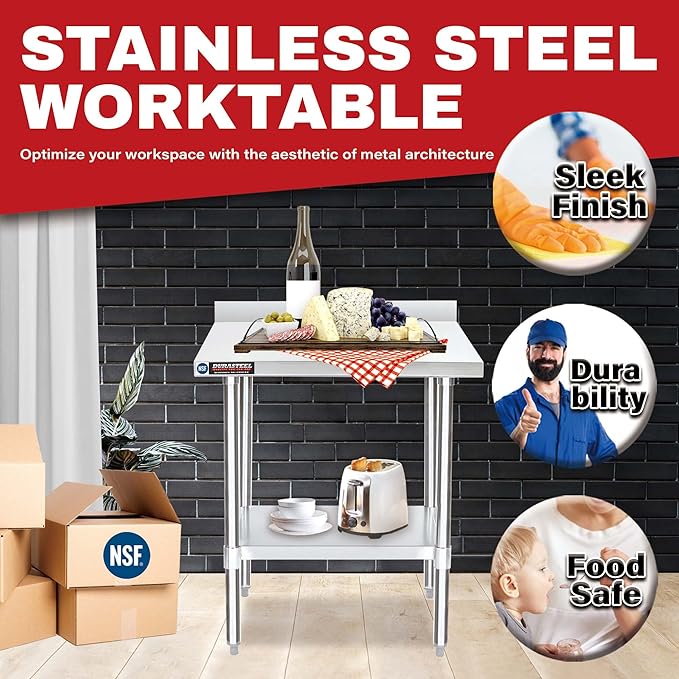 DuraSteel NSF Commercial Kitchen Table - 24 x 30 Inch Cooking Prep Stainless Steel Kitchen Island Workstation w/ Adjustable Under Shelf - Heavy Metal Backsplash Workbench For Restaurant, Home, Garage