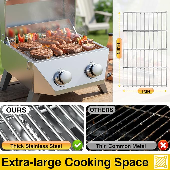 BESTFIRE 2-Burner Tabletop Propane Grill, 20000 BTU Stainless Steel Portable BBQ with Viewing Glass Lid, Built-in Thermometer & Push-Button Ignition for Patio, Camping, RV & Tailgating