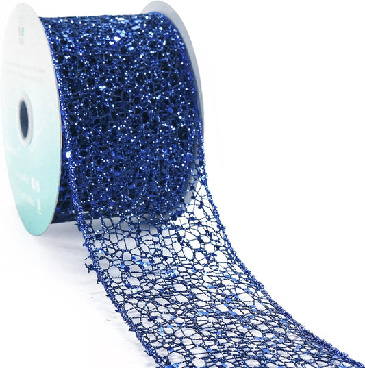 CT CRAFT LLC Sparkling Glitter Mesh Wired Ribbon 2.5" x 10 Yards Blue Navy for Christmas Home Decor Bow Gift Wrapping DIY Crafts Wreath
