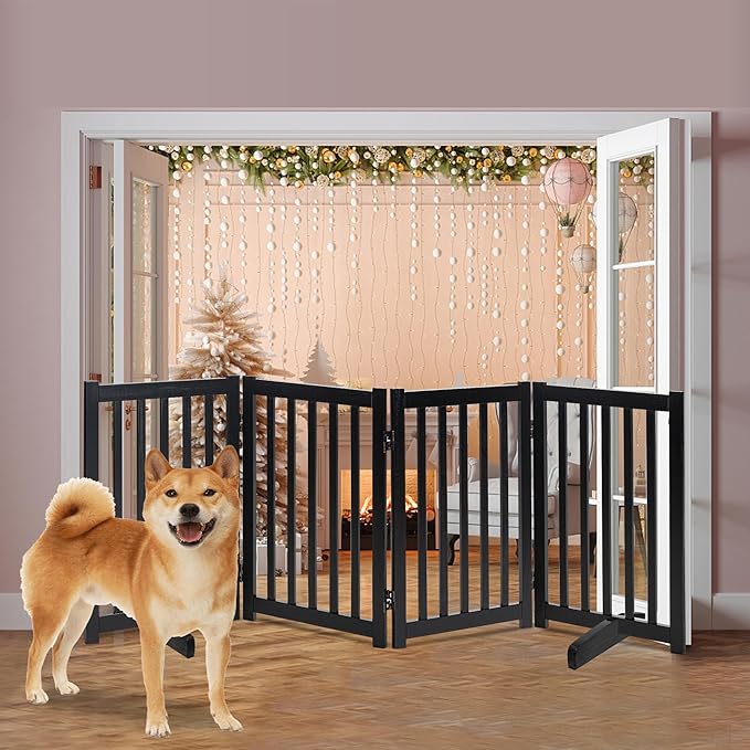 LZRS Freestanding Extra Wide Dog Gate 30 inch Tall - 4 Panels Solid Wooden Pet Gate for Doorways, Stairs, Hallways,Kitchens& Long Areas, Expandable & Foldable with Support Feet,Indoor Use,Black