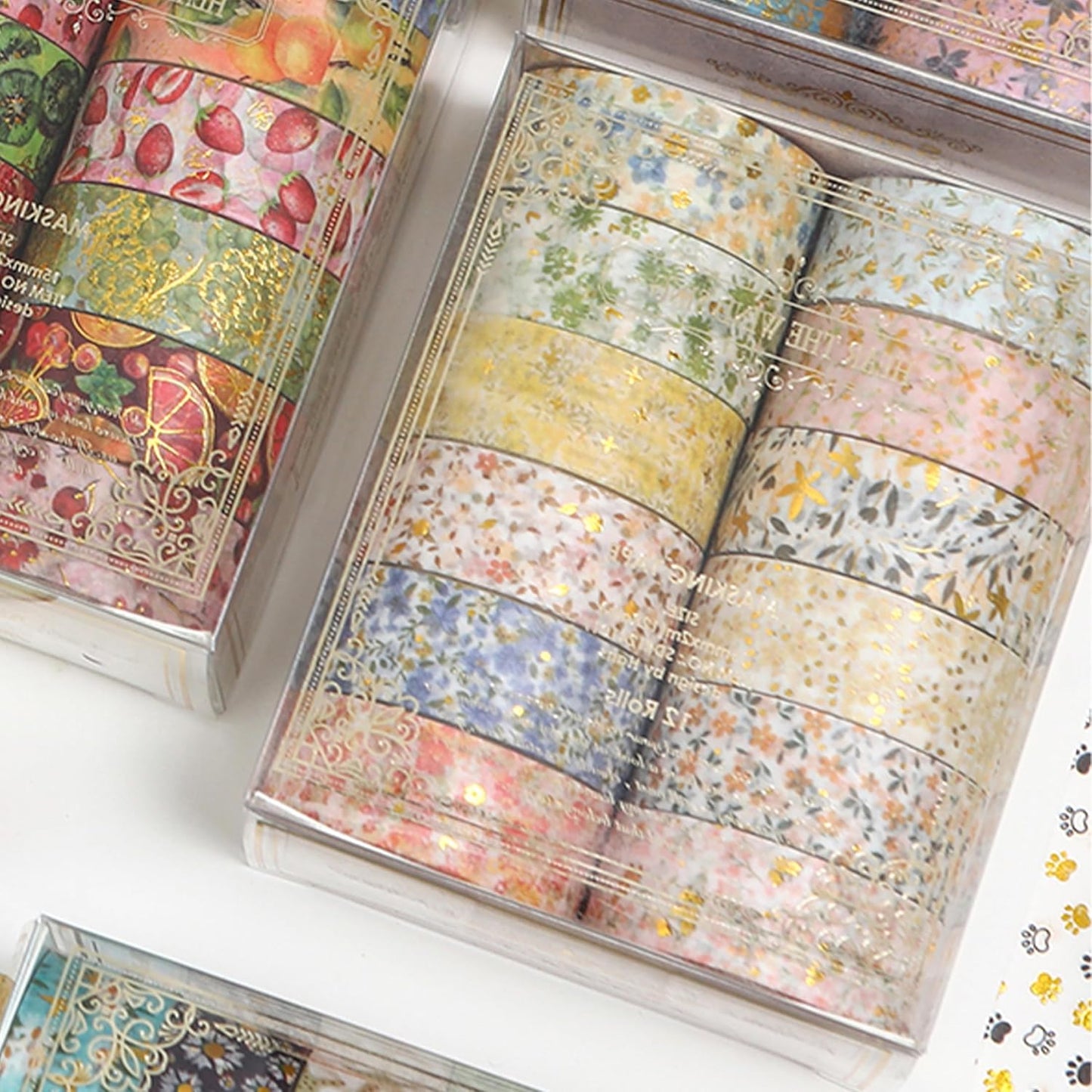 12 Rolls Charming Washi Tape Set Gold Silver Foil Detailing Arts Adhesive Tapes Basic Patterns Decorative Masking Tape Sets for Craft, Kids, Scrapbook, DIY, Gift Wrapping (Spring Bloom)