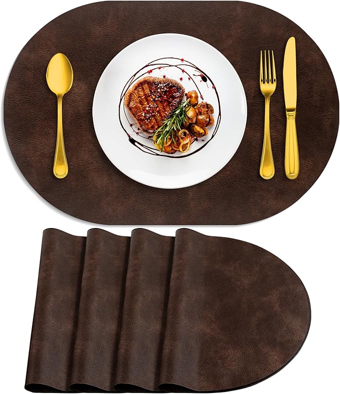ADRIMER Placemats, Heat Resistant Oval Placemats Set of 4 Washable 12 x 17 Inch, Waterproof Table Mats, Wipeable Pu Place Mats for Kitchen, Dining Room, Coffee