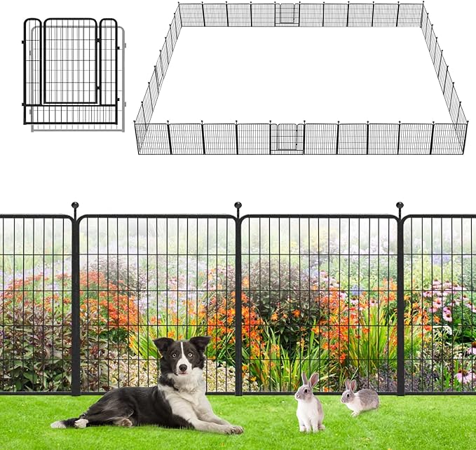 Garden Fence with Gate Metal Fencing Outdoor for Yard, 32in x83ft 36 Panels Outdoor Dog Fence Temporary Fence for Dogs Outside, Rustproof Garden Fencing Flower Bed Edging for Patio