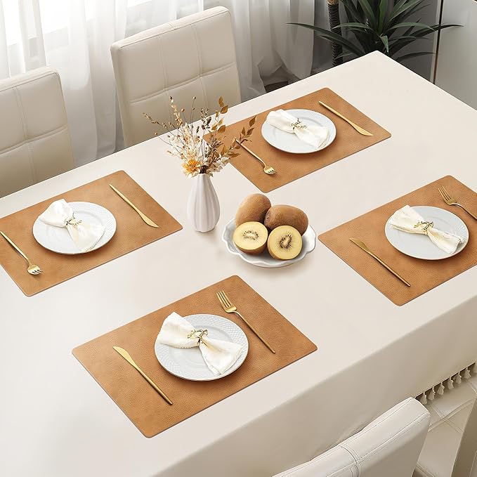 Roxifina Faux Leather Placemats Set of 4 - Vinyl Placemats Wipeable Waterproof Oil-Proof PU Place Mats Heat Resistant Reversible Table Mats for Dining, Kitchen, Outdoor, 12 x 17 Inch (Camel)