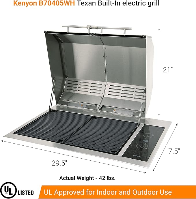 Kenyon Texan Built-In Electric Grill for Stone Counter, Standard Lite-Touch, Stainless Steel Grill with Split Lid for Indoor and Outdoor Use, 2 Burners, Quick Heat Up, Dishwasher Safe Grate, 240V