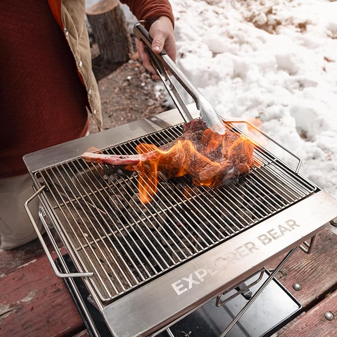 Explorer Bear 20" Stainless Steel Foldable Takibi Fire & Grill with Carrying Bag, Bridge, and Coal Bed | Portable Wood Burning Grill and Fire Pit | Perfect for Camping, Outdoors, Patios
