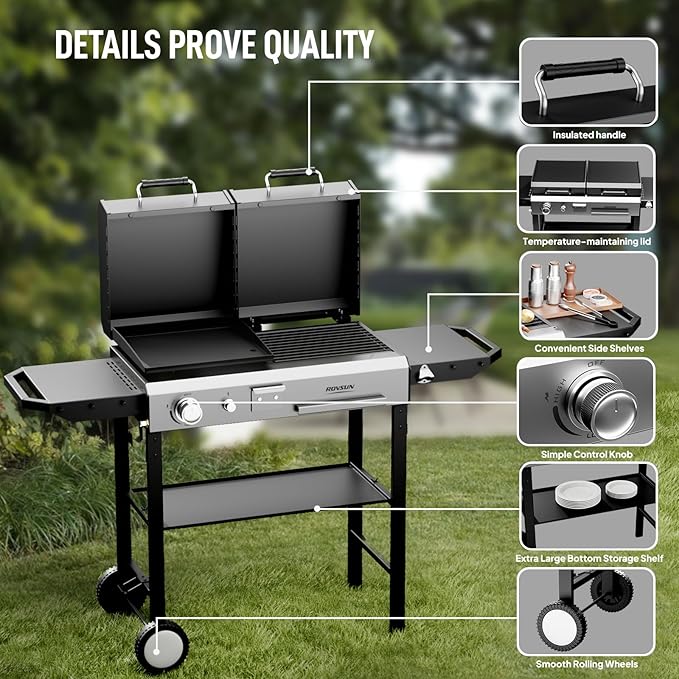 Bonnlo Propane Flat Top Griddle and Charcoal Grill Combo with Lid, Powerful 12,000 BTU Grills with Side Shelves & Foldable Legs, 4 Burners Grill with Movable Wheels for Outdoor BBQ Camping Use