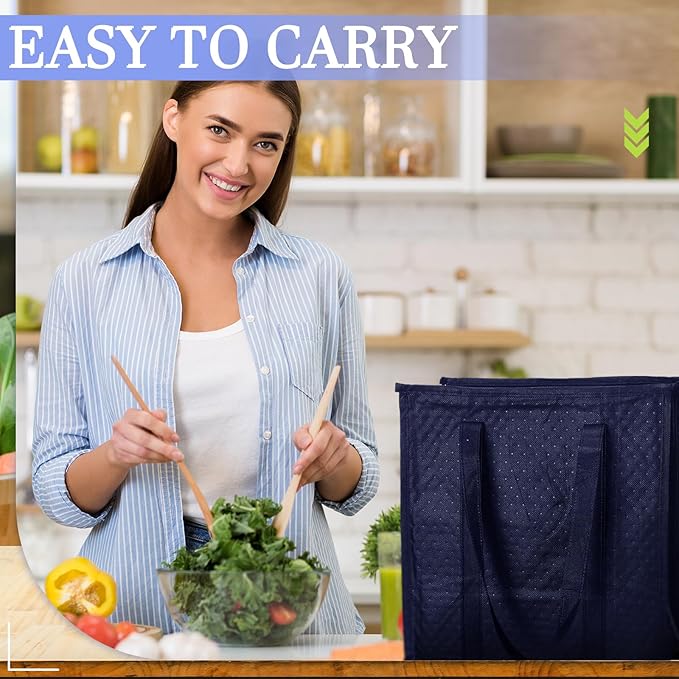 10 Pack Large Insulated Grocery Bags Reusable Shopping Bags with Zippered Top 13 x 12 x 7 Inch Thermal Cooler Totes Bulk with Handles for Hot Cold Food Delivery Refrigerator(Navy Blue)
