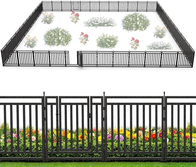 Garden Fence 40in (H) x 108ft (L), 42 Panels + 6 Gates, Durable Outdoor Yard Barrier, Secure Garden Fencing Weather-Resistant Fence Ideal for Pets, Privacy & Decoration, Black Silver