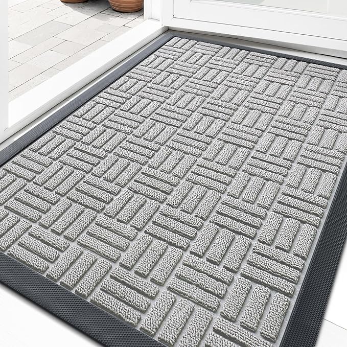 OLANLY Front Door Mat Outside Entrance 33x21, Absorbent, Heavy Duty Sturdy Natural Rubber Doormat Indoor Outdoor, Non-Slip, Stain and Fade Resistant, Low Profile Floor Mat for Entryway, Light Gray