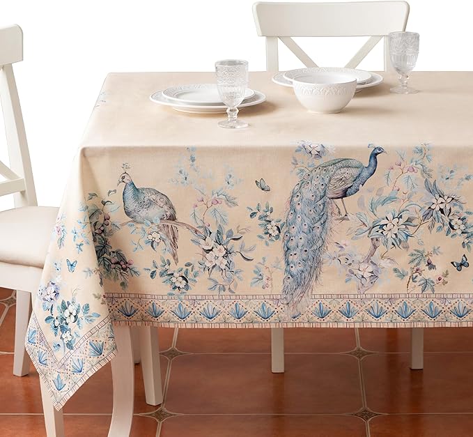 Maison d' Hermine Premium Table Cloth Square Table 100% Combed Cotton 70 x 70 Inches Tablecloth Reusable Decorative for Dining Room, Farmhouse, Party, Festive & Wedding - Peacock Utopia - Sandy Beach