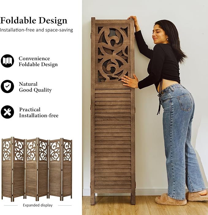 Room Divider Wood Carved Wall Divider Indoor Folding Portable Partition Screen for Home Office Garden Terrace - 6 Panel, 67 * 90inch (Dark Brown)