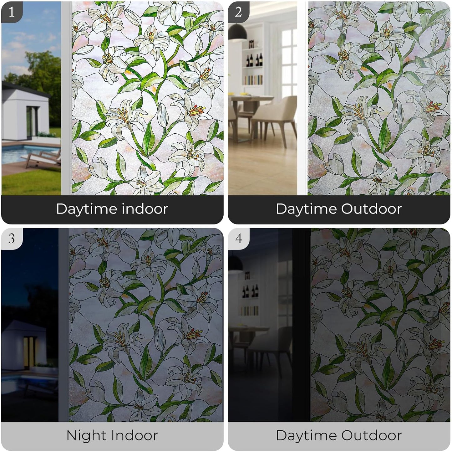 3D Stained Glass Window Film, Decorative Window Privacy Film for Bathroom, Front Door, Home, Sun Blocking Heat Control, Static Cling,White Lily 35.4inch x 78.7inch