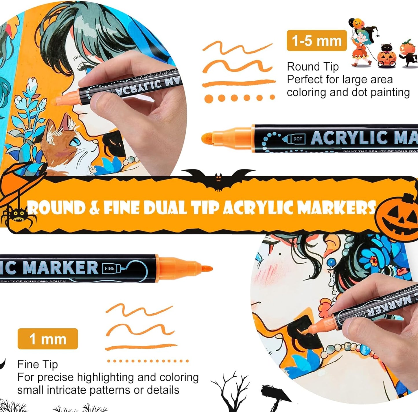 12 Colors Waterproof Dual Tip Acrylic Paint Pens, Dot & Fine Tip Premium Coloring Drawing Markers Set for Wood, Rock Painting, Canvas, Glass, Ceramic Surfaces and DIY Crafts Making Art Supplies