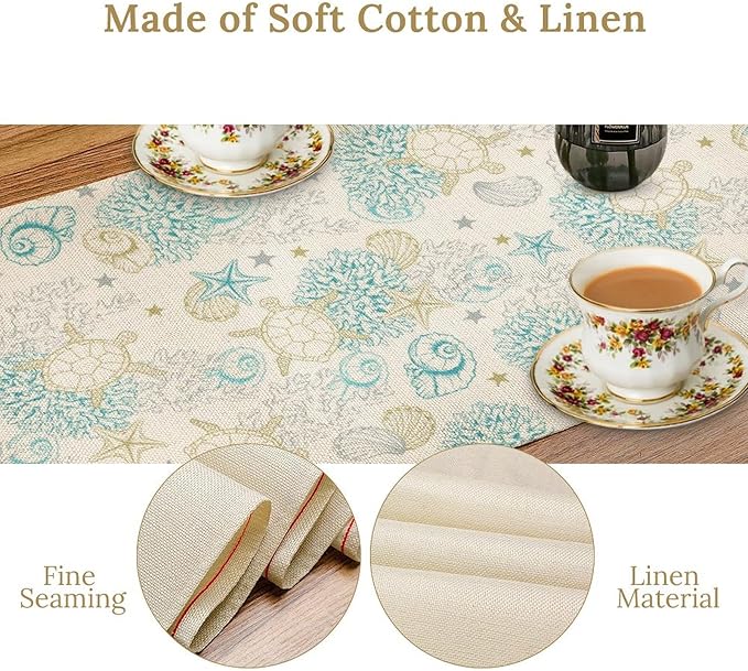 Ocean Coastal Table Runner, Nautical Summer Beach Coral Sea Turtle Table Runner for Kitchen Coffee Dining Bedroom Living Room Dinner 13x120in