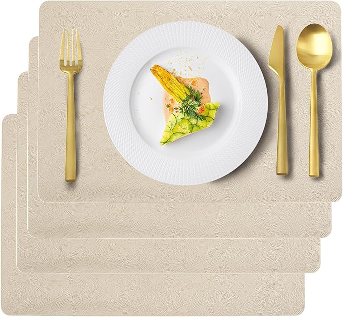 Vinyl Placemats Set of 4 Faux Leather 100% Waterproof Wipeable Washable Place Mats Heat Resistant Easy Clean Non-Slip Table Mats for Indoor Outdoor. (4,Beige)