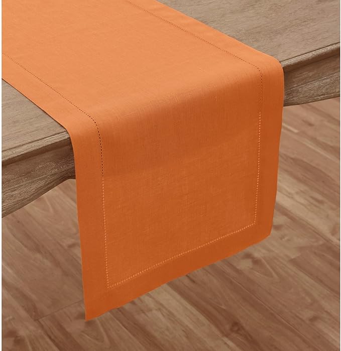 Solino Home Linen Pumpkin Table Runner 90 Inches Long - 100% Pure Linen Hemstitch 14 x 90 Inch Table Runner for Dining - Classic Hemstitch