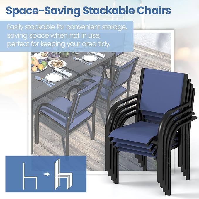 Outdoor Dining Set for 6, Metal Patio Table and Chairs Set with 2 Swivel Chairs, 4 Regular Textilene Chairs and 1 Large Table, Modern Patio Furniture Set for Deck Backyard (Navy Blue)