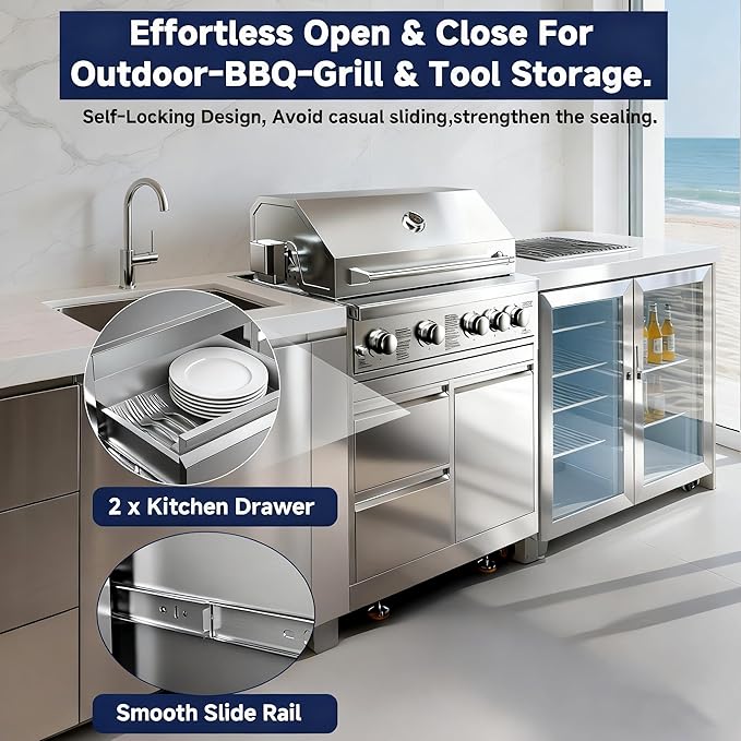 BODEGA Outdoor Kitchen Cabinets for Built-in BBQ Grill with 2 Drawers and Propane Tank Storage, Stainless Steel Outdoor Kitchen Drawer Suitable for 30 Inch Propane Grills.