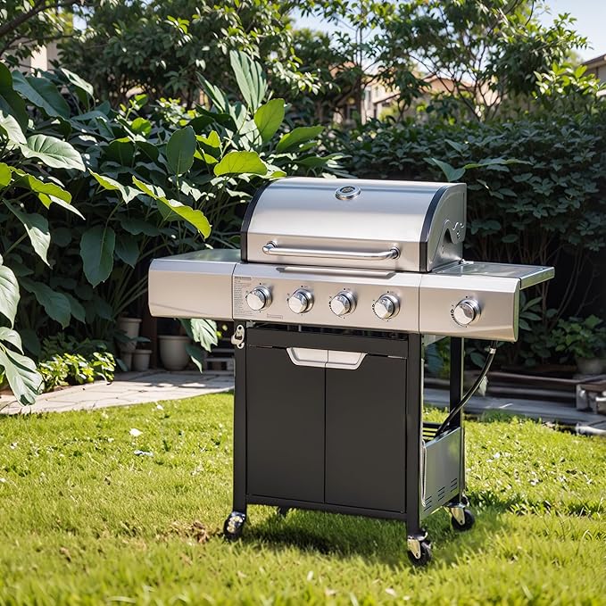Zateety 4 Burner Propane Grill - 42,000 BTU Gas Grill with Side Burner, Stainless Steel with Iron Cast Grates for Outdoor Cooking, Patio, Camping BBQ, Garden Barbecue Grill, Black and Silver