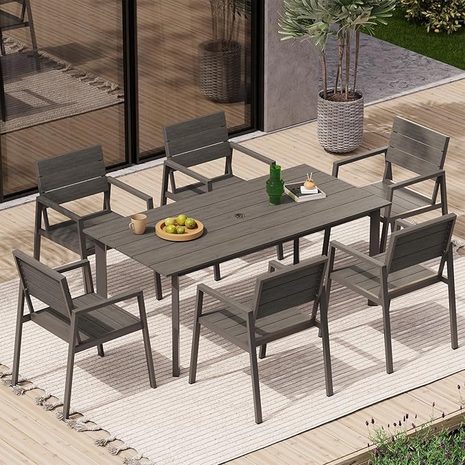 67" Rectangle HDPS Patio Dining Table, Aluminum Outdoor Patio Dining Table with Umbrella Hole, Weather-Resistant for Lawn, Garden, Yard, Poolside and Indoor Use (Gray & Teak)