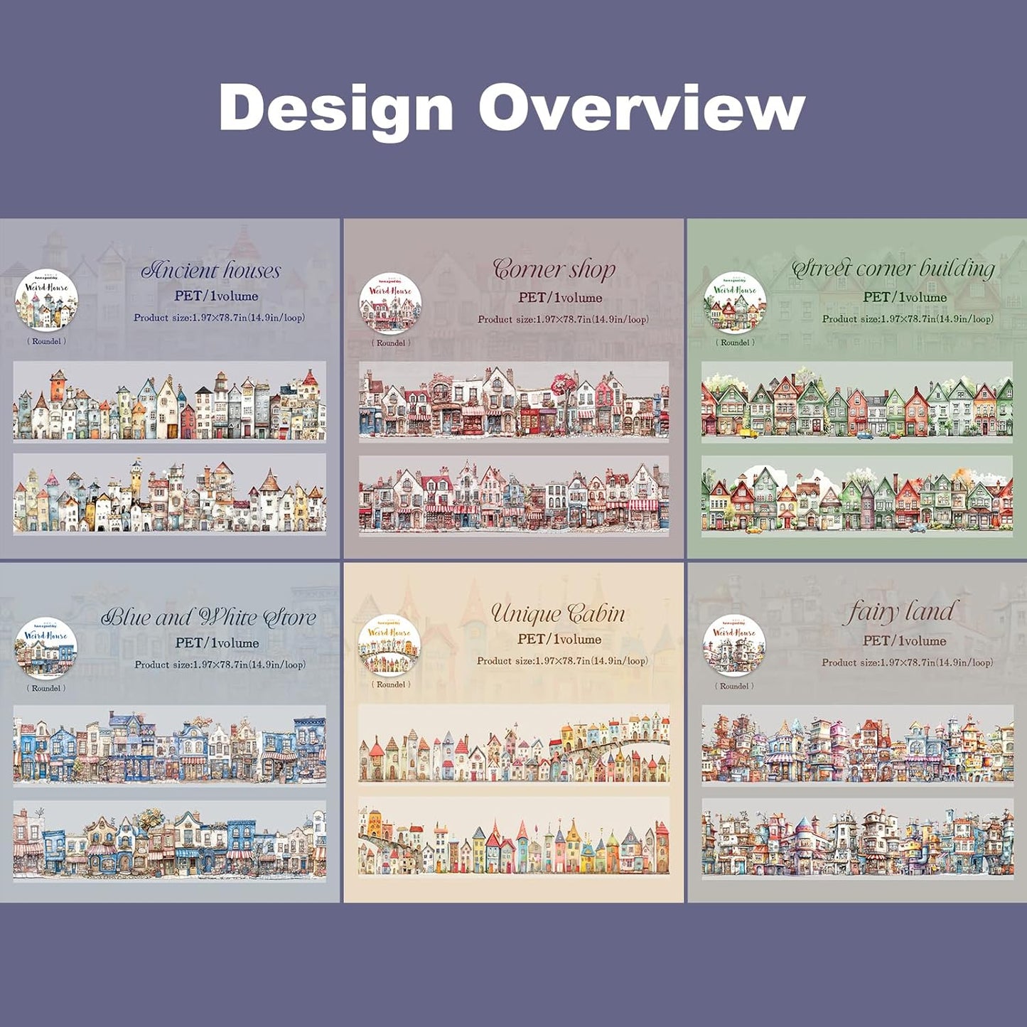 Weird House PET Tape Set with Clip, 6 Rolls of Vintage Town Stickers for Scrapbooking, Journaling, DIY Crafts, and Planners