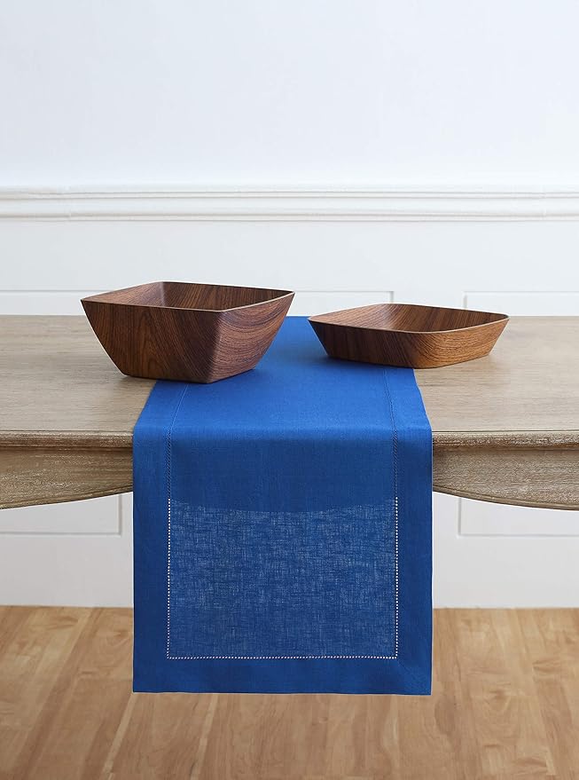 Solino Home Linen Royal Blue Table Runner 156 Inches Long - 100% Pure Linen Extra Long Table Runner 14 x 156 Inch for Spring - Classic Hemstitch