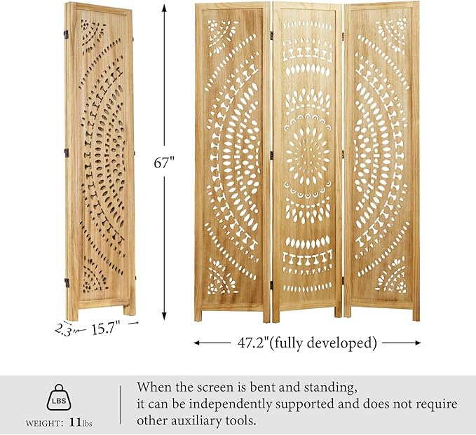 Room Divider Wood Carved Wall Divider Indoor Folding Bohemian Style Portable Partition Screen for Home Office Garden Terrace - 3 Panels (Natural)